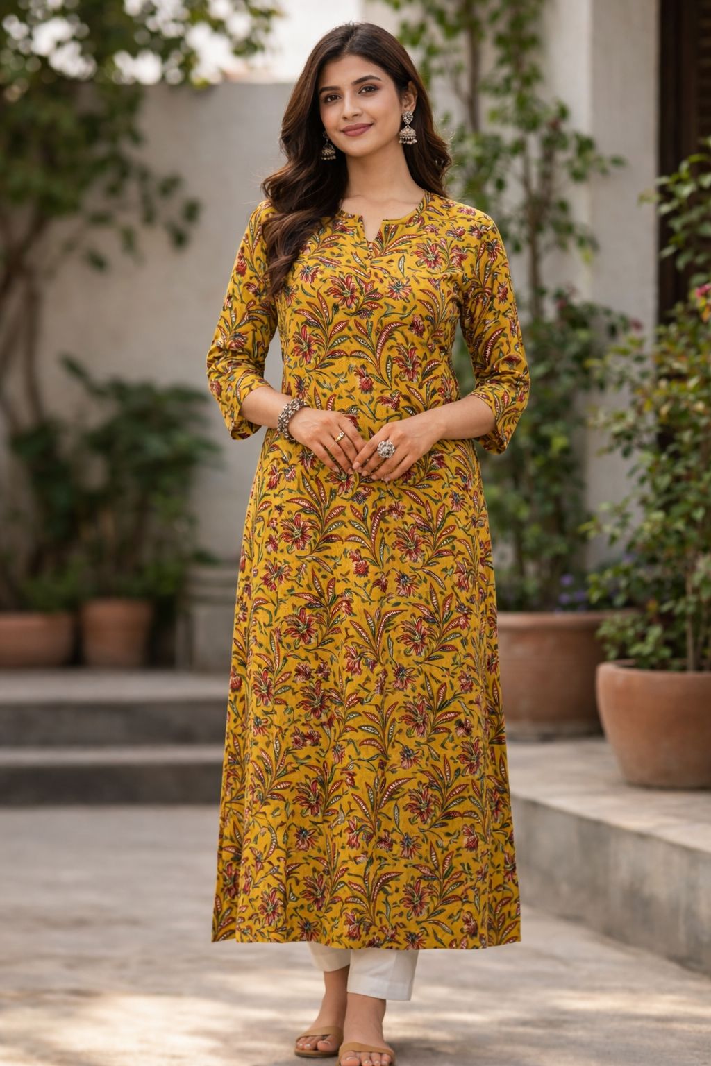 Women’s Mustard Yellow Cotton Printed Long Kurti | Straight Fit Ethnic Daily Wear Kurta for Women