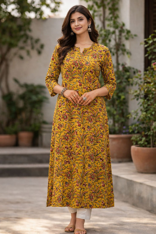 Women’s Mustard Yellow Cotton Printed Long Kurti | Straight Fit Ethnic Daily Wear Kurta for Women