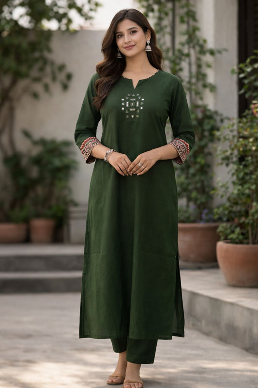 Women’s Dark Green Cotton Kurti Set | Straight Fit Ethnic Suit for Daily & Office Wear