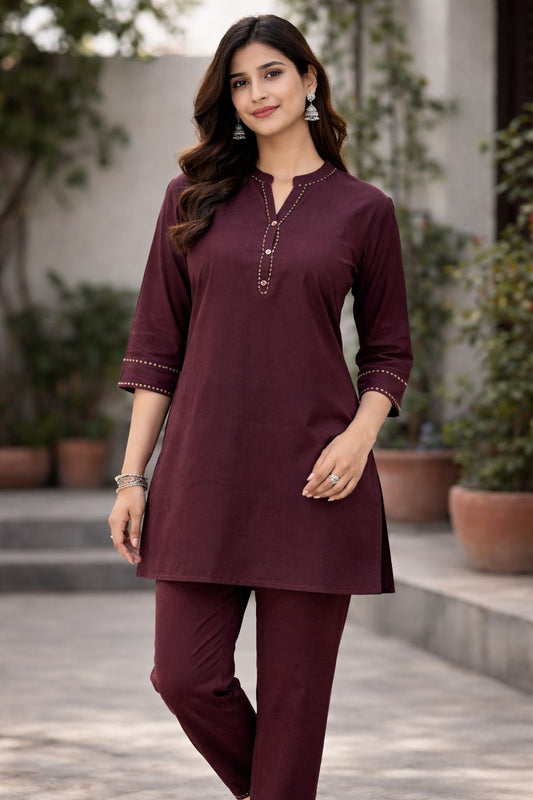 Women’s Khadi Cotton Co-Ord Set | Solid Maroon Straight Kurta with Matching Pants | Breathable Ethnic Wear for Summer & Daily Use