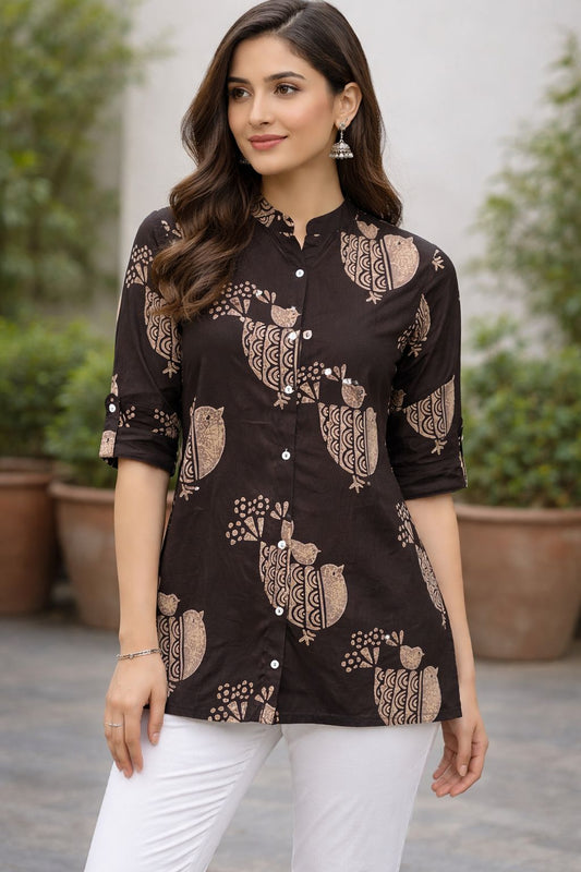 Women’s Brown Printed Rayon Short Kurti | Casual Button-Down Ethnic Top for Daily & Office Wear