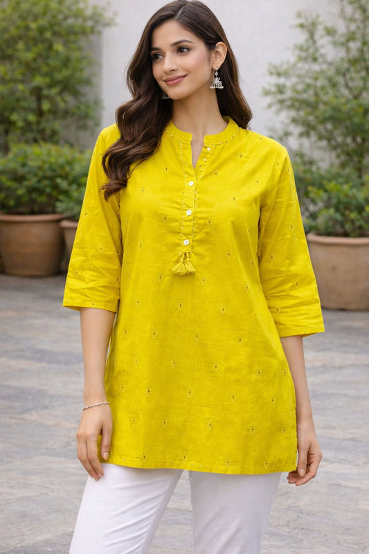 Women’s Yellow Cotton Short Kurti | Straight Fit Casual Ethnic Top with 3/4 Sleeves & Button Neck