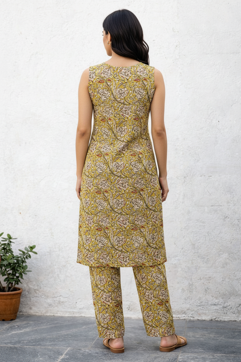 Women’s Kalamkari Cotton Co-Ord Set with Pockets | Sleeveless Kurta & Pant Set | Handcrafted Print