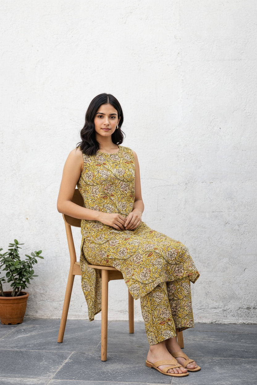 Women’s Kalamkari Cotton Co-Ord Set with Pockets | Sleeveless Kurta & Pant Set | Handcrafted Print