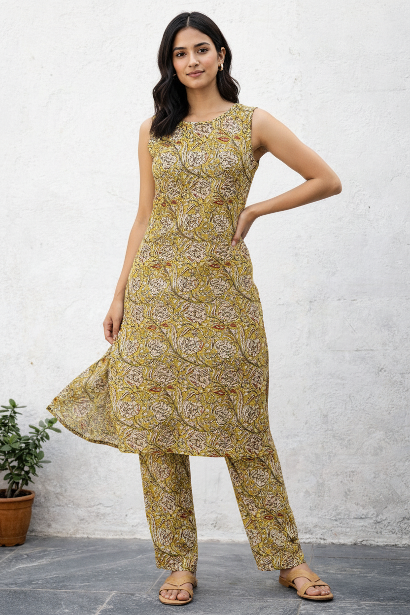 Women’s Kalamkari Cotton Co-Ord Set with Pockets | Sleeveless Kurta & Pant Set | Handcrafted Print
