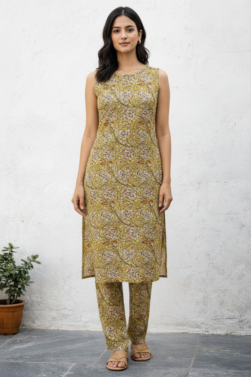 Women’s Kalamkari Cotton Co-Ord Set with Pockets | Sleeveless Kurta & Pant Set | Handcrafted Print
