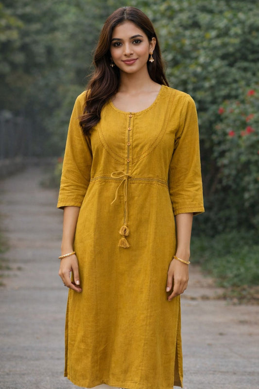 Women’s Mustard Cotton Long Kurti with Waist Tie-Up & Button Detail | Straight Fit Ethnic Kurta for Daily & Office Wear