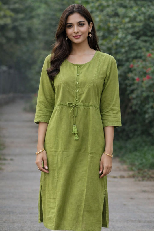 Women’s Olive Green Cotton Kurti – Straight Fit Long Kurta with 3/4 Sleeves & Waist Tie-Up | Casual & Office Wear