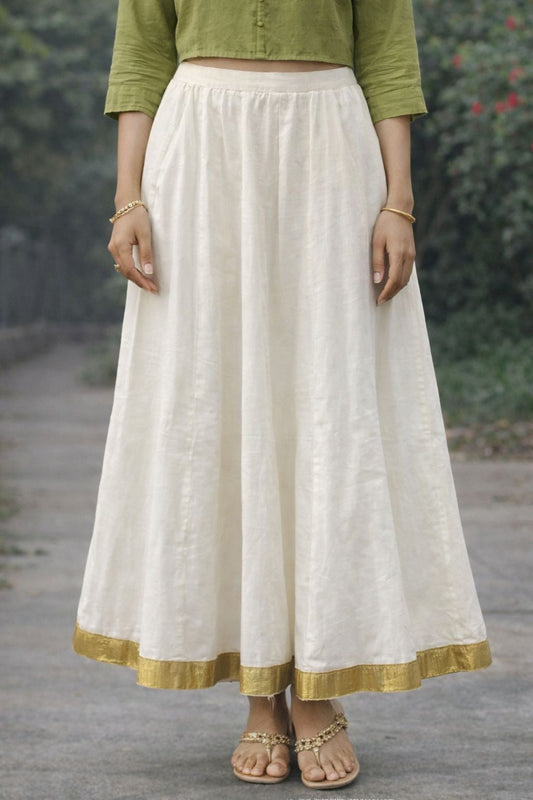 Women’s Cotton Long Flared Skirt with Golden Border | Ethnic A-Line Maxi Skirt | Festive & Casual Wear