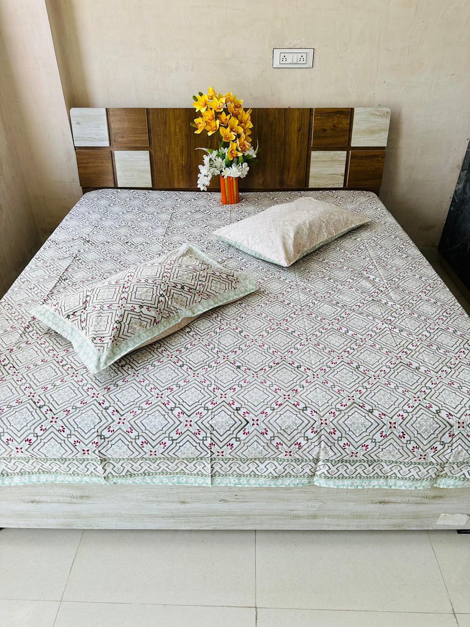 Pure Cotton Handblock Printed Double Bedsheet 108x108 Inches with 2 Pillow Covers – King Size Soft Breathable Bed Sheet