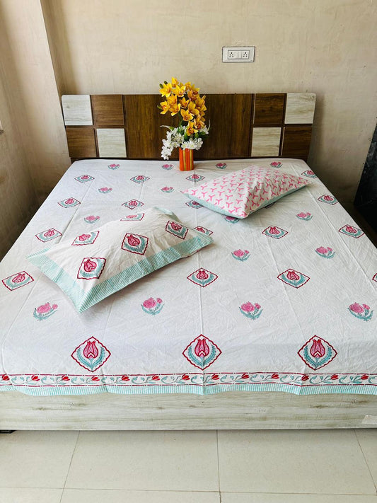 Pure Cotton Handblock Printed Double Bedsheet 108x108 Inches with 2 Pillow Covers – King Size Soft Breathable Bed Sheet