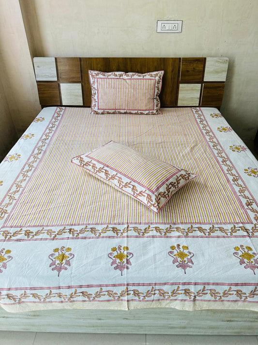 Pure Cotton Handblock Printed Double Bedsheet 108x108 Inches with 2 Pillow Covers – King Size Soft Breathable Bed Sheet