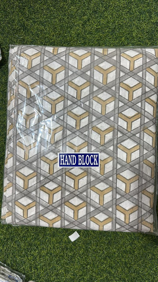 Pure Cotton Handblock Printed Double Bedsheet 108x108 Inches with 2 Pillow Covers – King Size Soft Breathable Geometric Bed Sheet