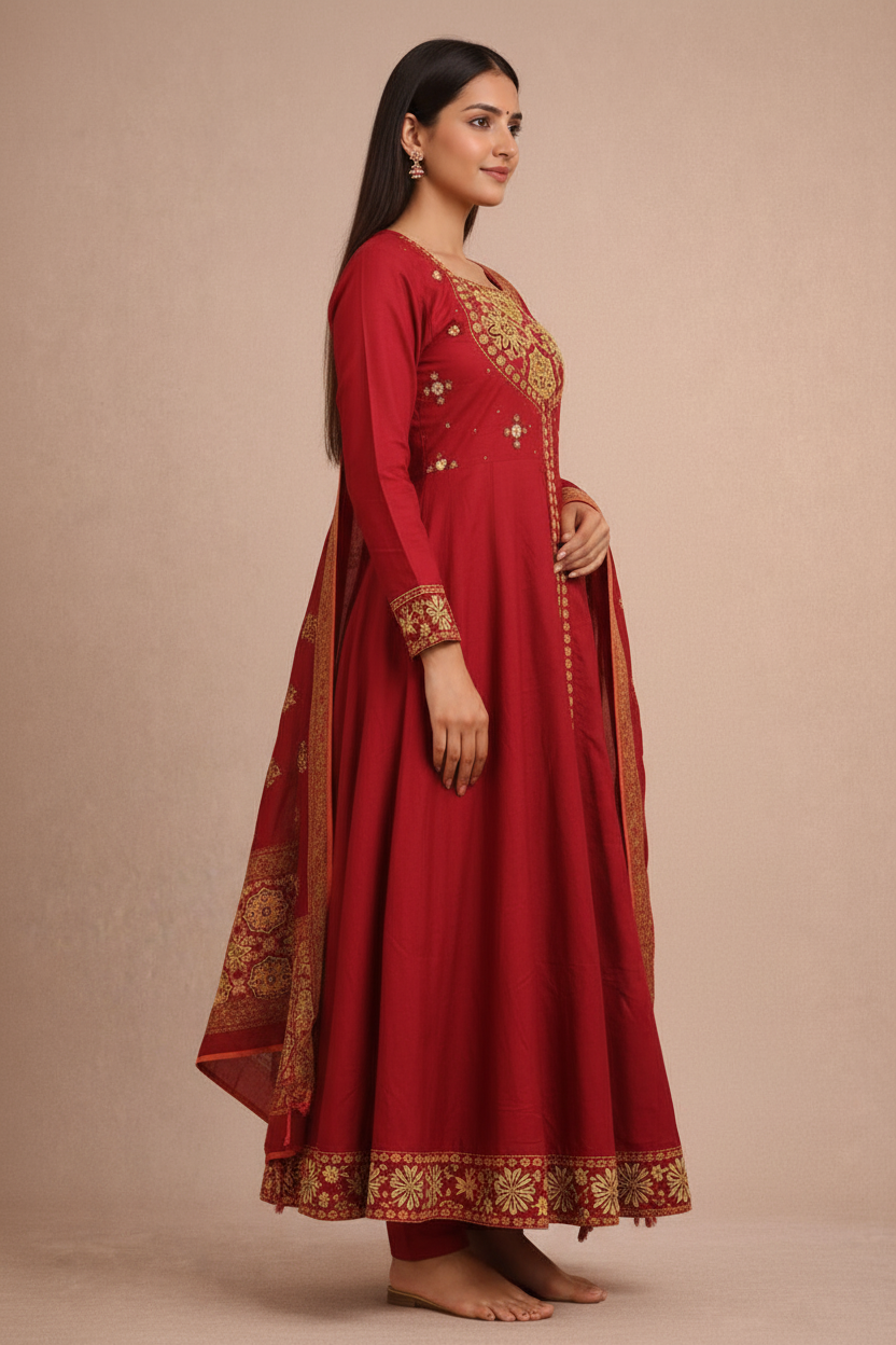 Women’s 100% Cotton Ajrakh Print Kurti Set with Dupatta – Ethnic Anarkali Style Festive Wear Suit