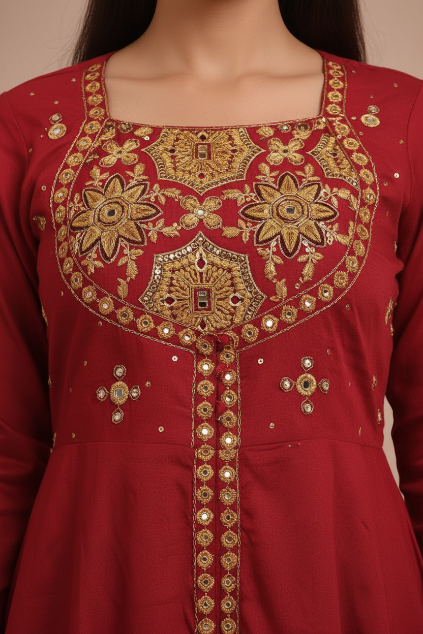 Women’s 100% Cotton Ajrakh Print Kurti Set with Dupatta – Ethnic Anarkali Style Festive Wear Suit