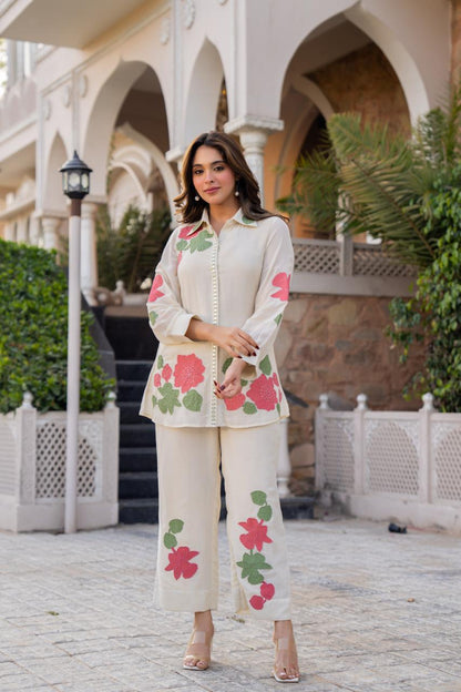 Women’s Mal Cotton Co-Ord Set with Lining – Embroidered & Patch Work Top and Pant Set, Casual Ethnic Wear