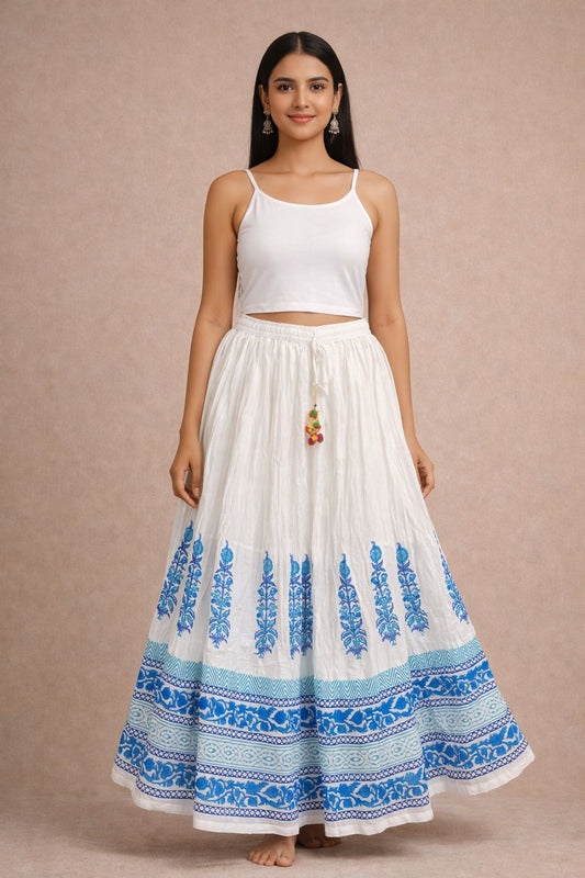 Women’s Mal Cotton Hand Block Printed Long Skirt with Lining – Ethnic Flared Maxi Skirt for Festive & Casual Wear