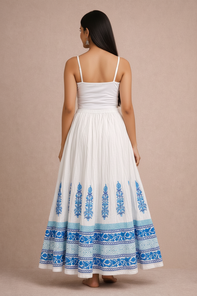 Women’s Mal Cotton Hand Block Printed Long Skirt with Lining – Ethnic Flared Maxi Skirt for Festive & Casual Wear