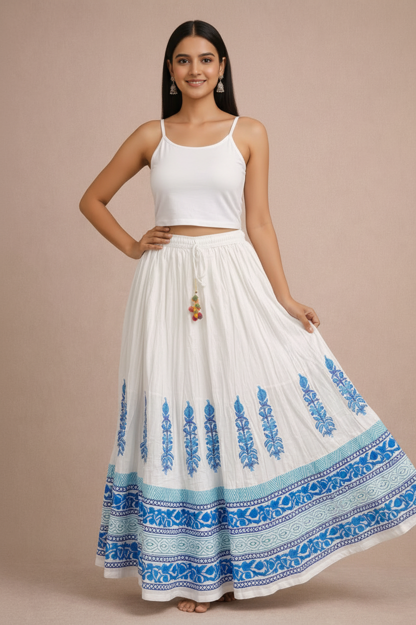 Women’s Mal Cotton Hand Block Printed Long Skirt with Lining – Ethnic Flared Maxi Skirt for Festive & Casual Wear
