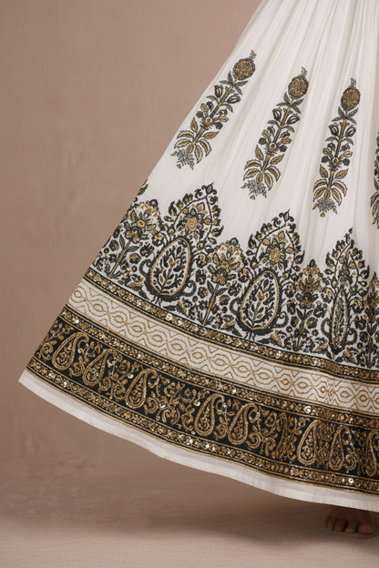 Women’s Mal Cotton Hand Block Printed Maxi Skirt with Lining – Ethnic Flared Long Skirt for Festive & Casual Wear