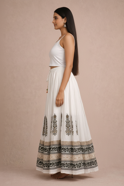 Women’s Mal Cotton Hand Block Printed Maxi Skirt with Lining – Ethnic Flared Long Skirt for Festive & Casual Wear