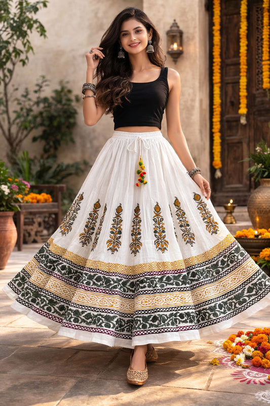 Women’s Mal Cotton Hand Block Printed Maxi Skirt with Lining – Flared Ethnic Long Skirt for Festive & Casual Wear