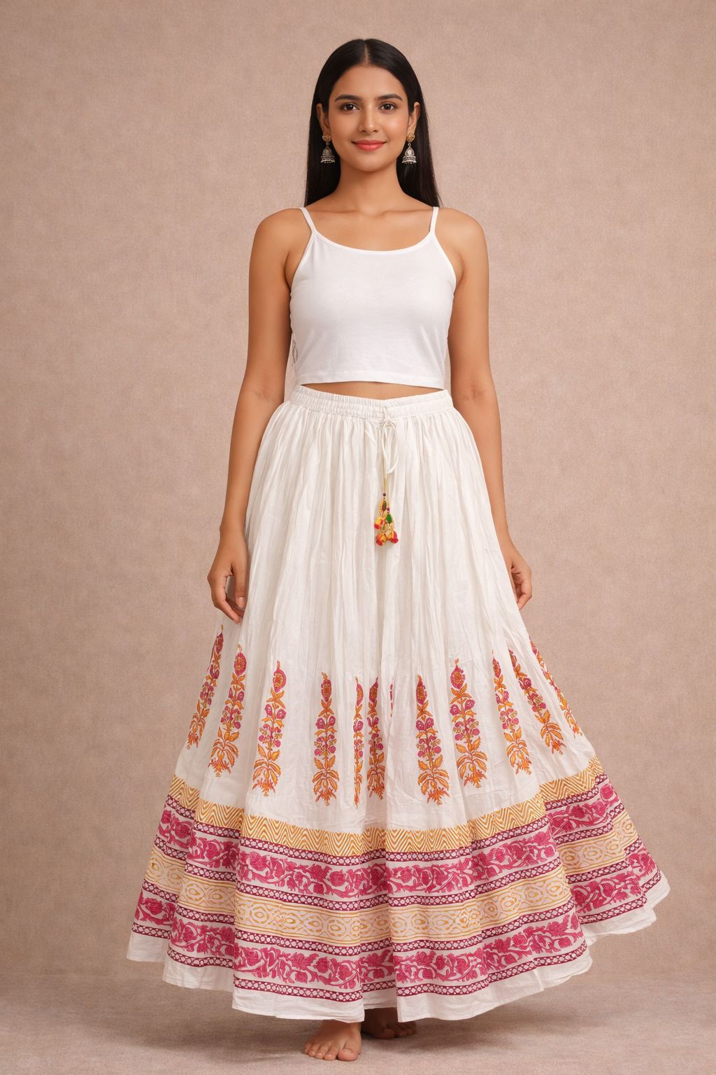 Women’s Mal Cotton Hand Block Printed Maxi Skirt with Lining – Flared Ethnic Long Skirt for Festive & Casual Wear