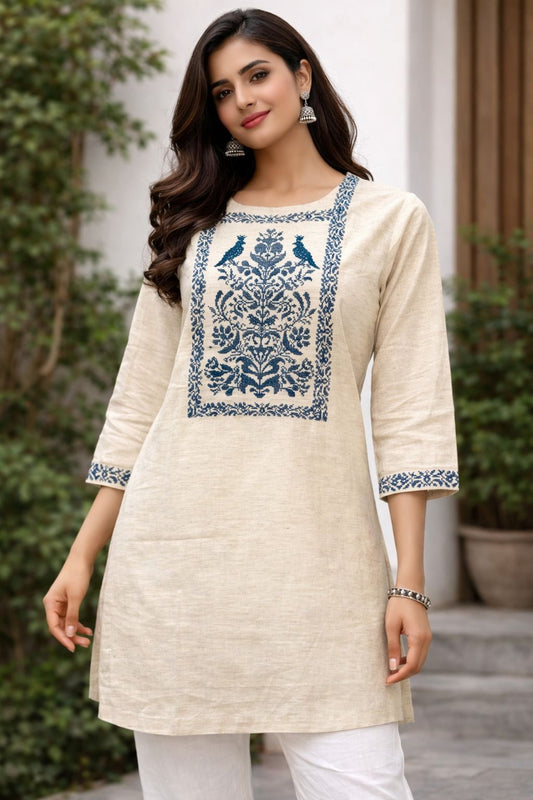 Women’s Khadi Cotton Embroidered Short Kurti – Beige Ethnic Top with Contrast Panel for Office & Casual Wear