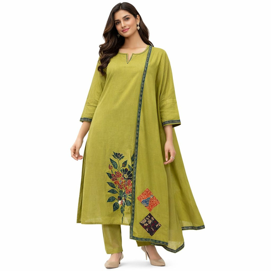 Women’s Khadi Cotton Kurti Set with Dupatta – Green Ethnic Suit Set for Festive & Office Wear