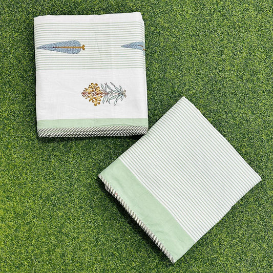 Single Bed 3-Layered Cotton Dohar with Hand Block Floral & Striped Print – Green