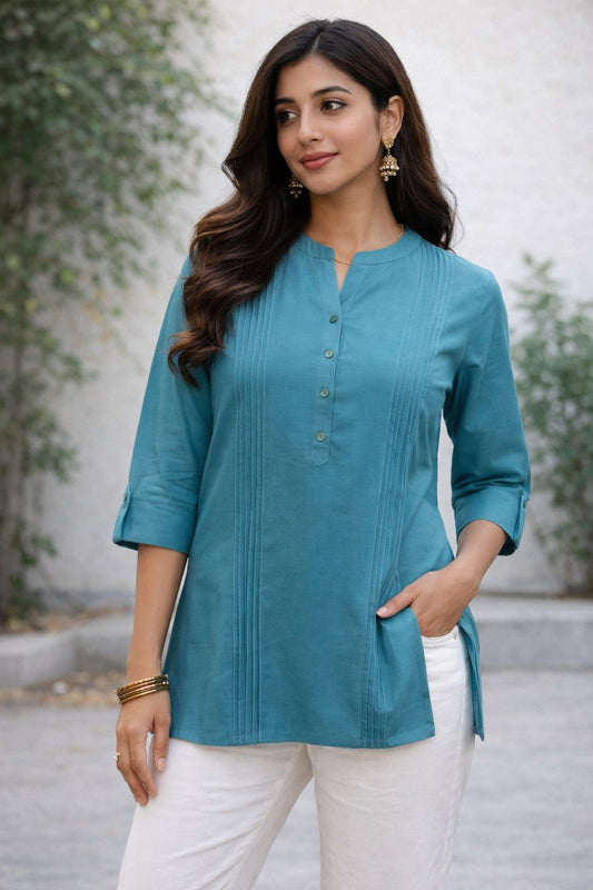 Classic Teal Cotton Straight Kurti with Pintuck Detail