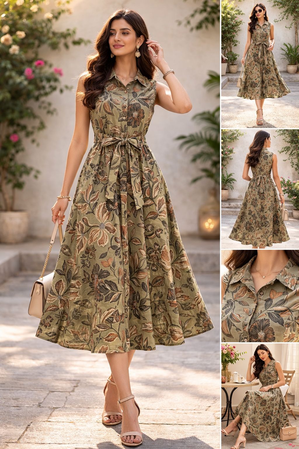 Olive Floral Rayon Midi Shirt Dress