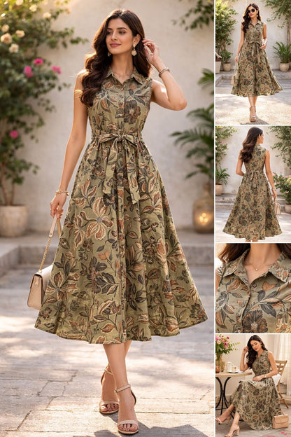 Olive Floral Rayon Midi Shirt Dress