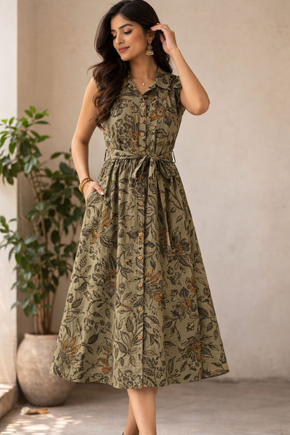 Olive Floral Rayon Midi Shirt Dress