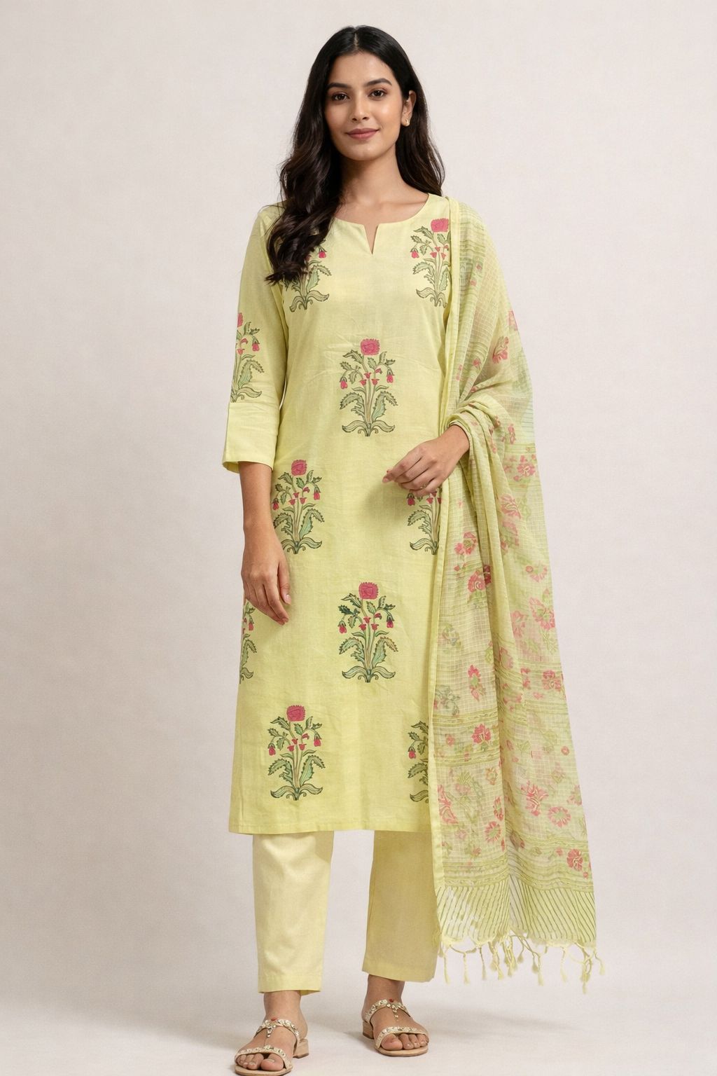 Lemon Yellow Hand Block Printed Pure Cotton Suit Set with Kota Doria Dupatta