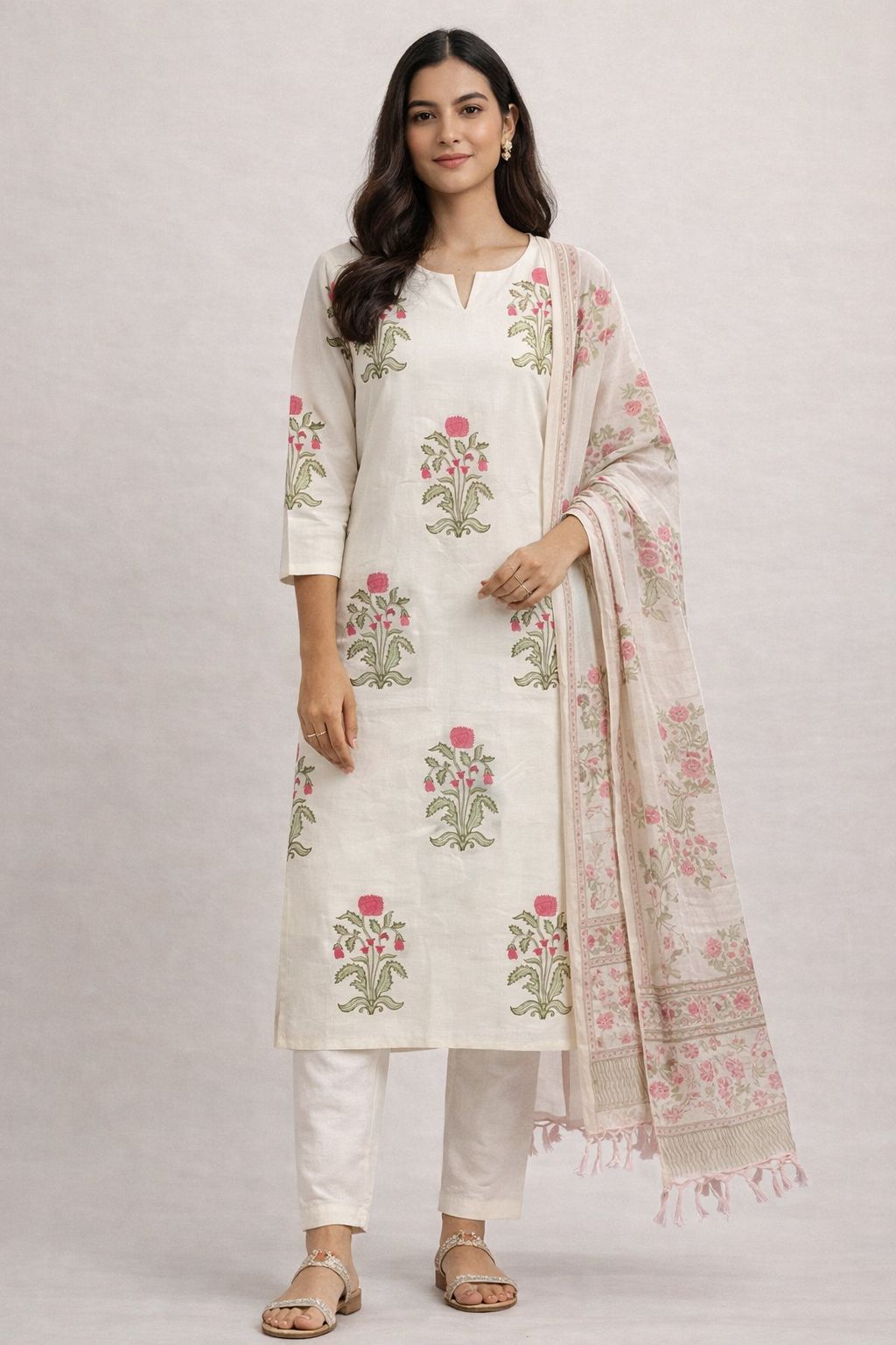 Meadow Bloom Hand-Block Cotton Suit Set with Kota Doria Dupatta