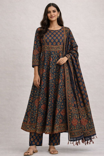Indigo Heritage Hand-Block Anarkali Set