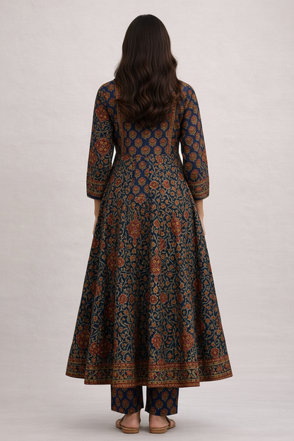 Indigo Heritage Hand-Block Anarkali Set