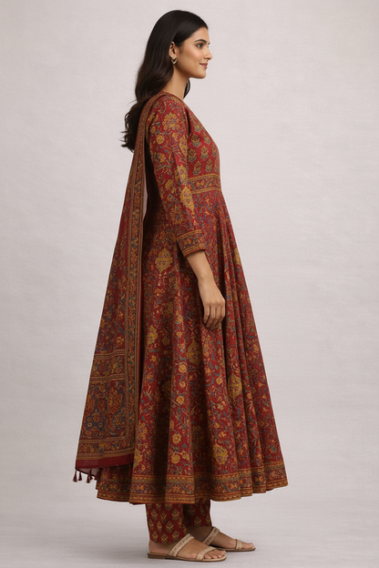 Maroon Floral Print Cotton Anarkali Suit Set