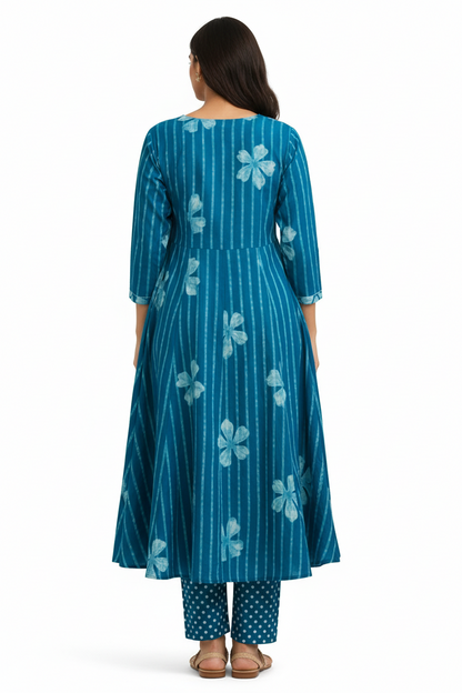 Artisanal Indigo Batik Striped Floral Cotton Kurta Set