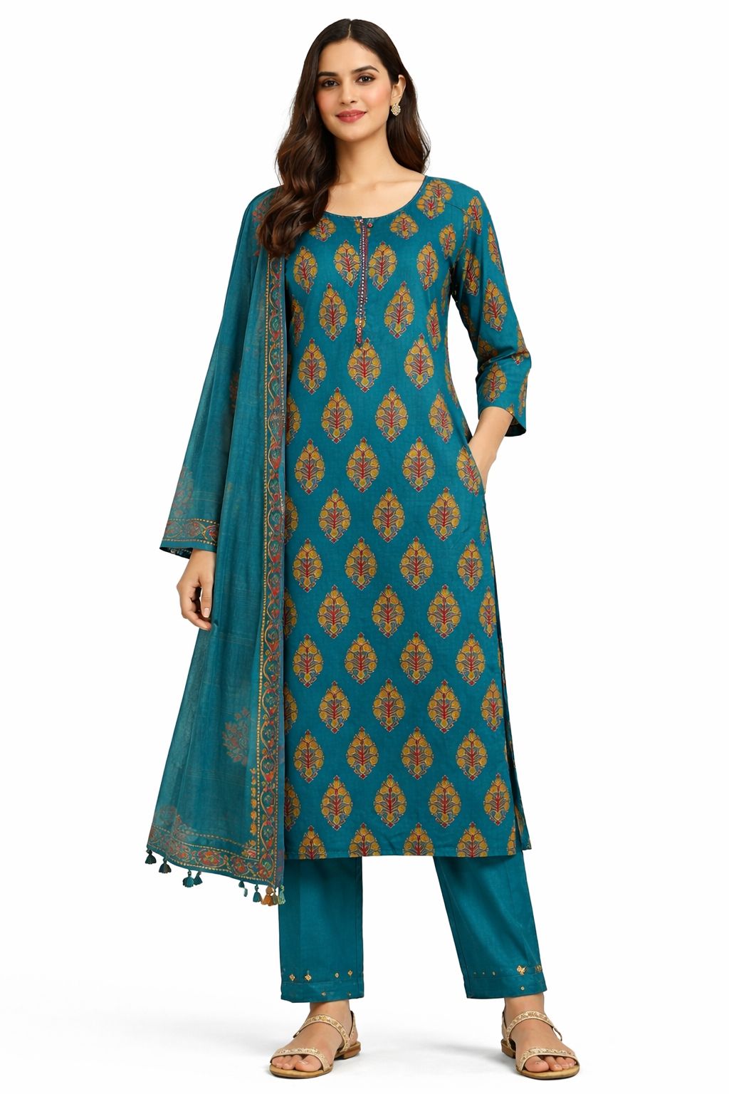 Teal Printed Cotton Straight Kurta Set with Dupatta