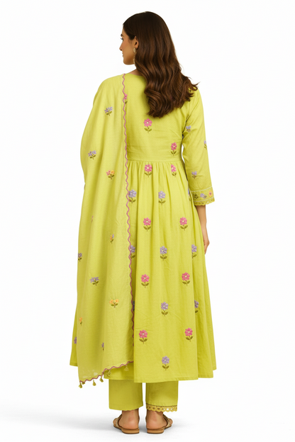 Lime Green Hand-Embroidered A-Line Kurta Set with Pant & Dupatta