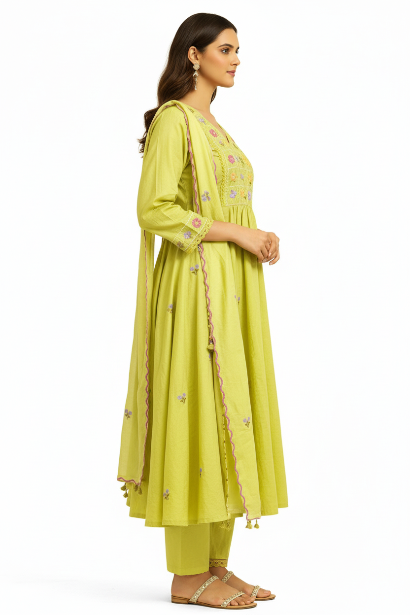 Lime Green Hand-Embroidered A-Line Kurta Set with Pant & Dupatta