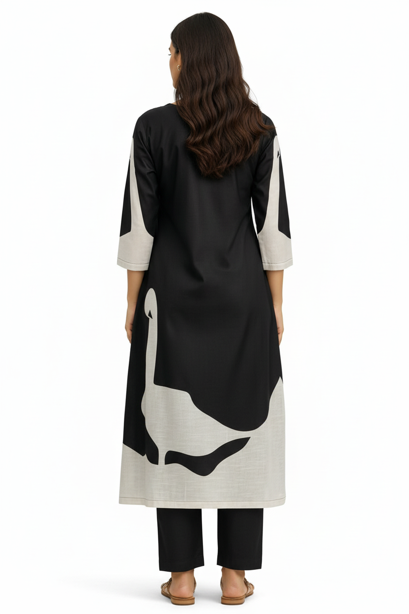 Black & White Linen A-Line Kurta Set with Modern Swan Print