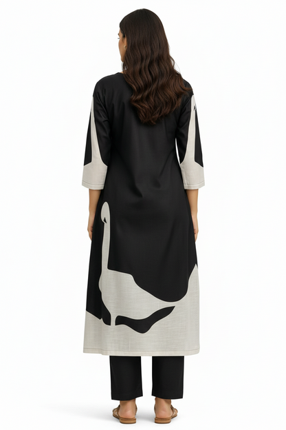 Black & White Linen A-Line Kurta Set with Modern Swan Print