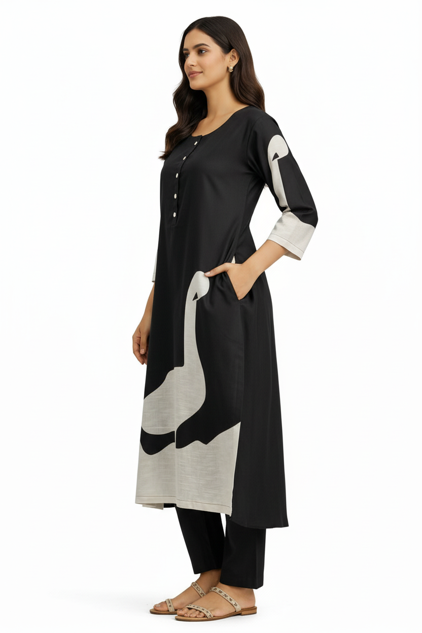 Black & White Linen A-Line Kurta Set with Modern Swan Print