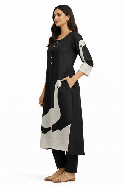 Black & White Linen A-Line Kurta Set with Modern Swan Print