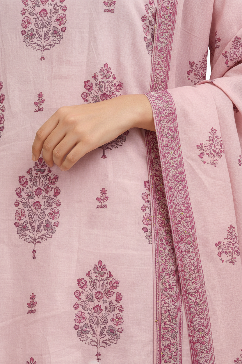 Pink Printed Straight Kurta Set with Pants & Dupatta – Cotton Suit Set