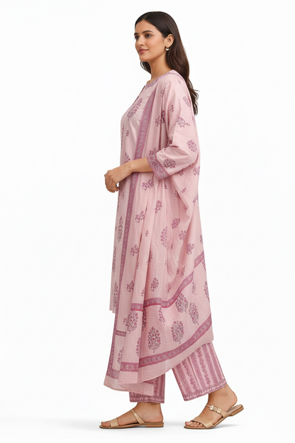 Pink Printed Straight Kurta Set with Pants & Dupatta – Cotton Suit Set