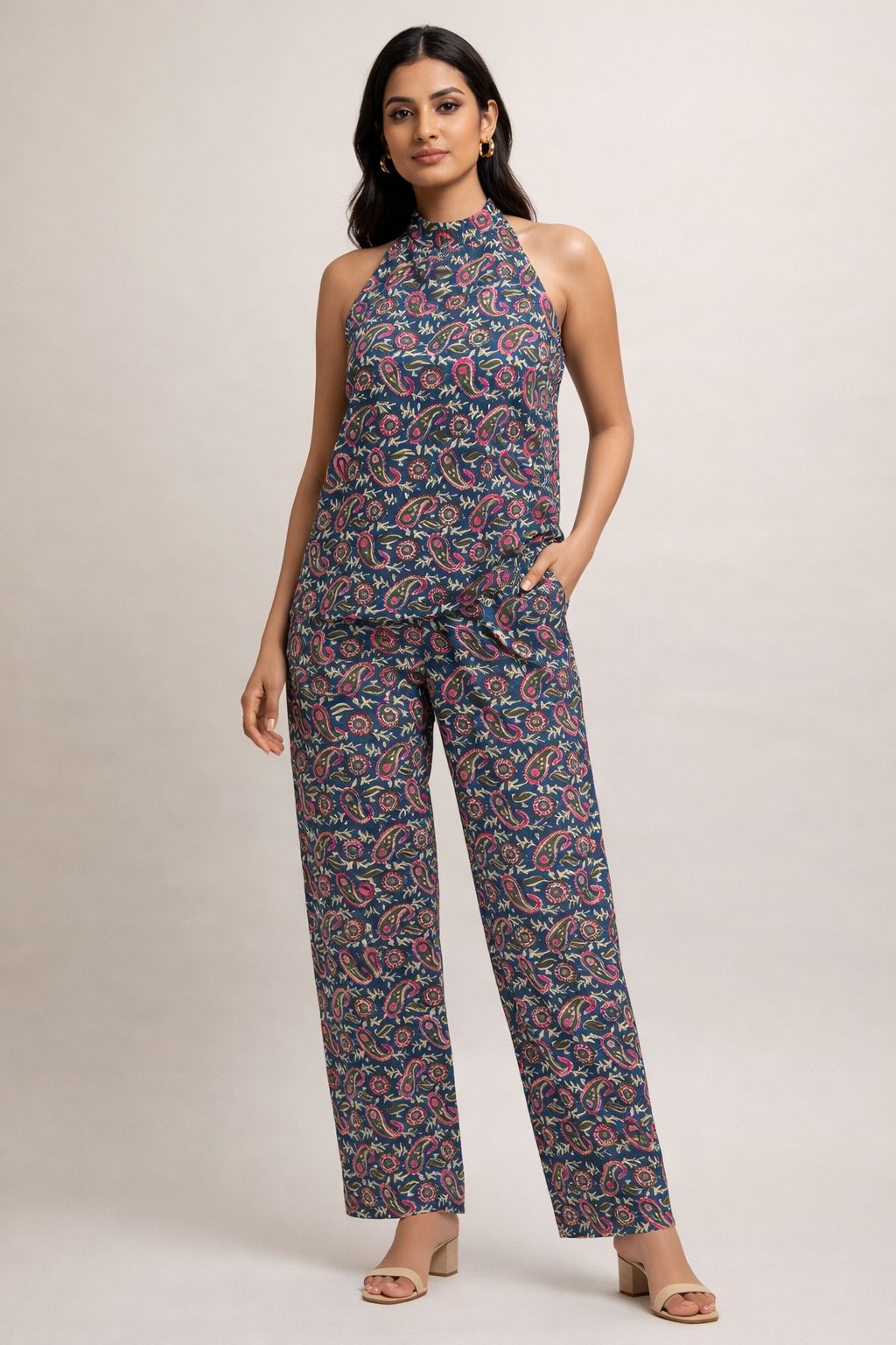 Women’s Cotton Kalamkari Hand Block Printed Co-Ord Set – Sleeveless Halter Neck Top & Straight Pants Outfit